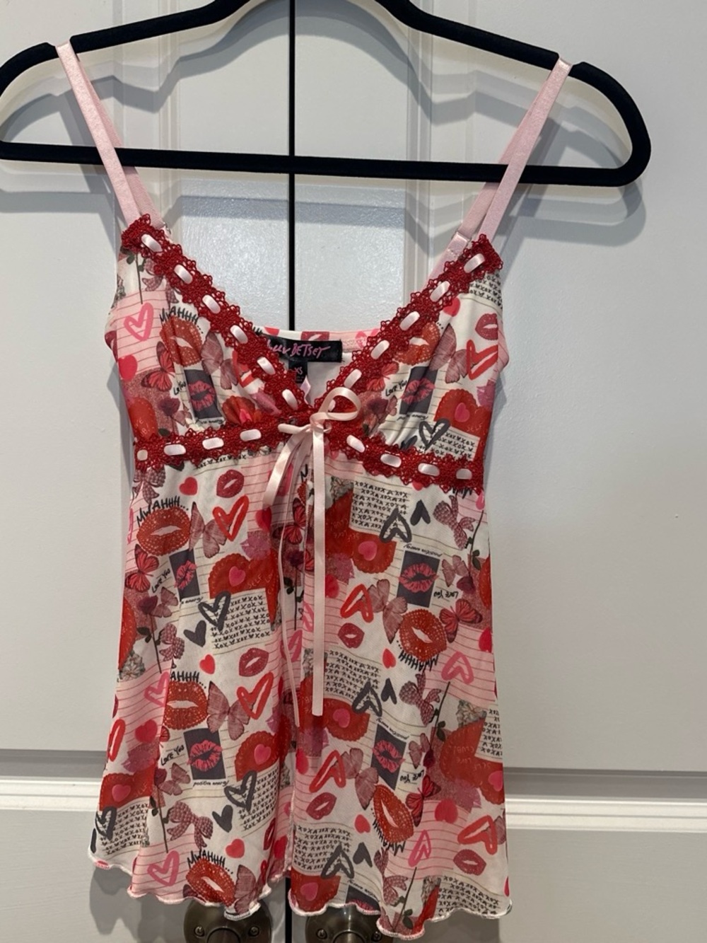 Betsey Johnson Pink and Red Heart & Lip Print Lace Cami